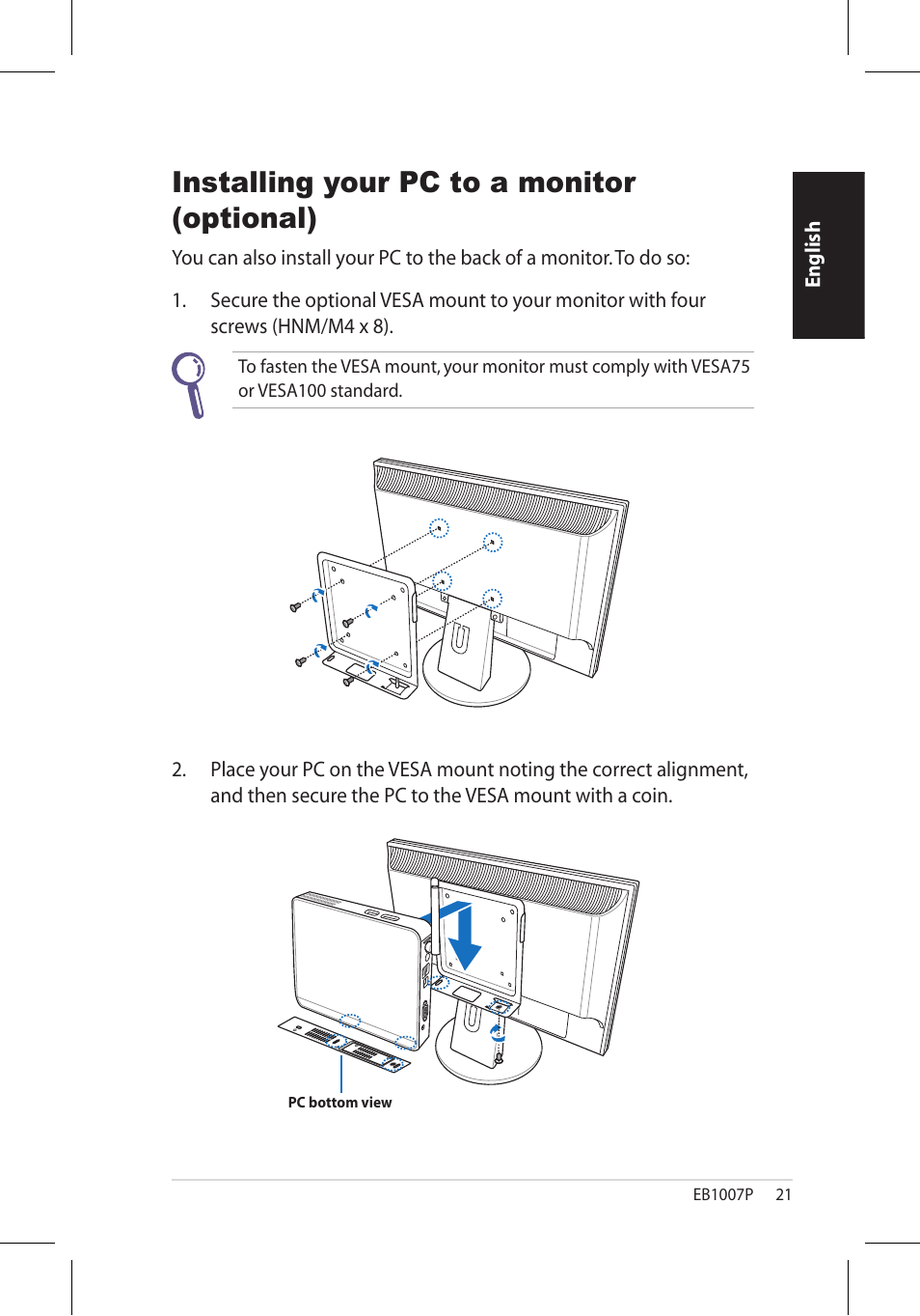 Installing your pc to a monitor (optional) | Asus EB1007P User Manual | Page 21 / 34