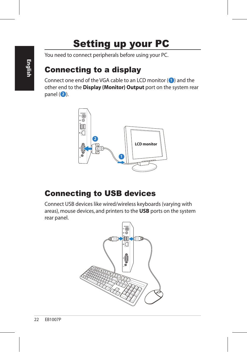 Setting up your pc, Connecting to a display, Connecting to usb devices | Asus EB1007P User Manual | Page 22 / 34