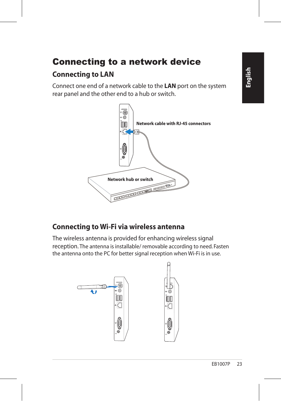 Connecting to a network device, Connecting to wi-fi via wireless antenna, Connecting to lan | Asus EB1007P User Manual | Page 23 / 34