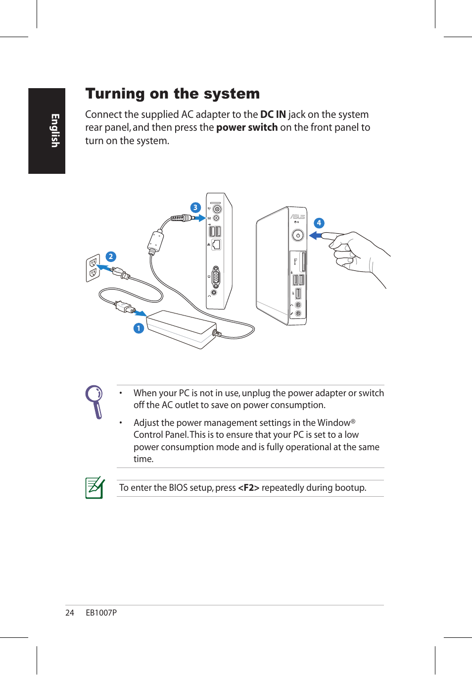 Turning on the system | Asus EB1007P User Manual | Page 24 / 34