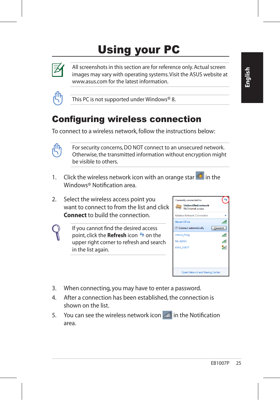 Using your pc, Configuring wireless connection | Asus EB1007P User Manual | Page 25 / 34