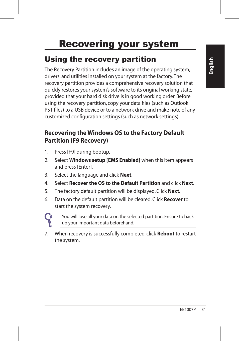 Recovering your system, Using the recovery partition | Asus EB1007P User Manual | Page 31 / 34