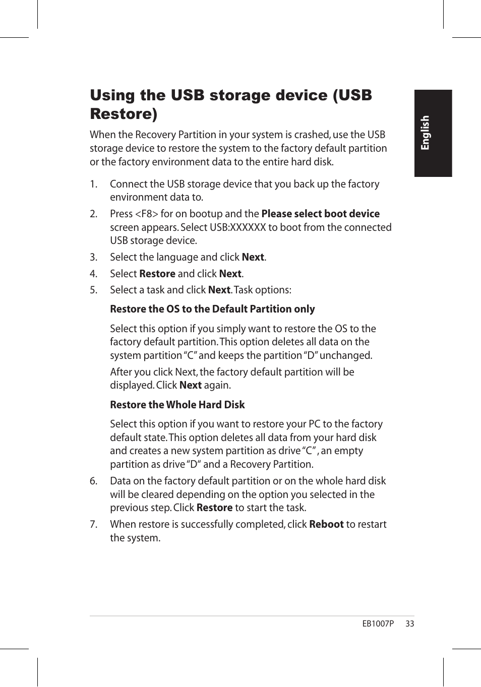 Using the usb storage device (usb restore) | Asus EB1007P User Manual | Page 33 / 34