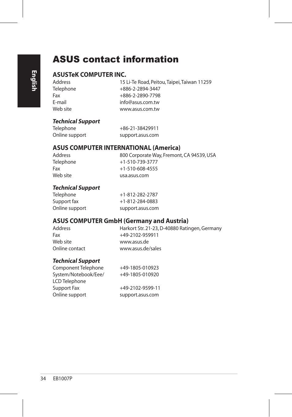 Asus contact information, English, Asustek computer inc | Asus computer international (america), Asus computer gmbh (germany and austria) | Asus EB1007P User Manual | Page 34 / 34