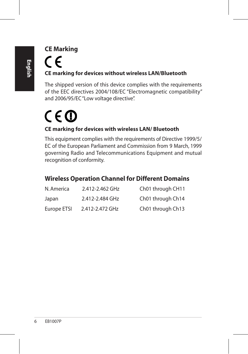 Ce marking, Wireless operation channel for different domains | Asus EB1007P User Manual | Page 6 / 34