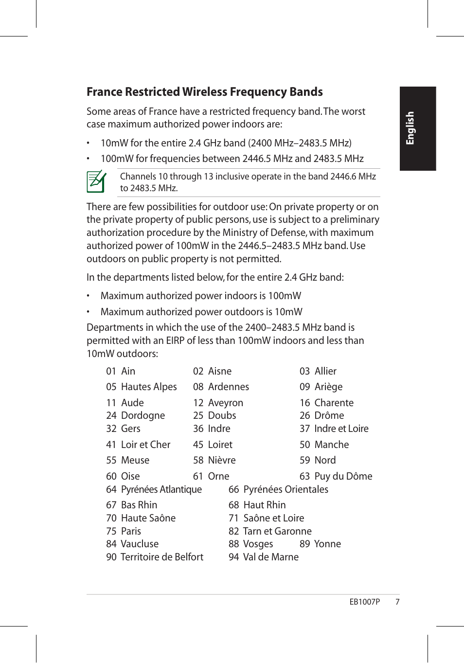 France restricted wireless frequency bands | Asus EB1007P User Manual | Page 7 / 34