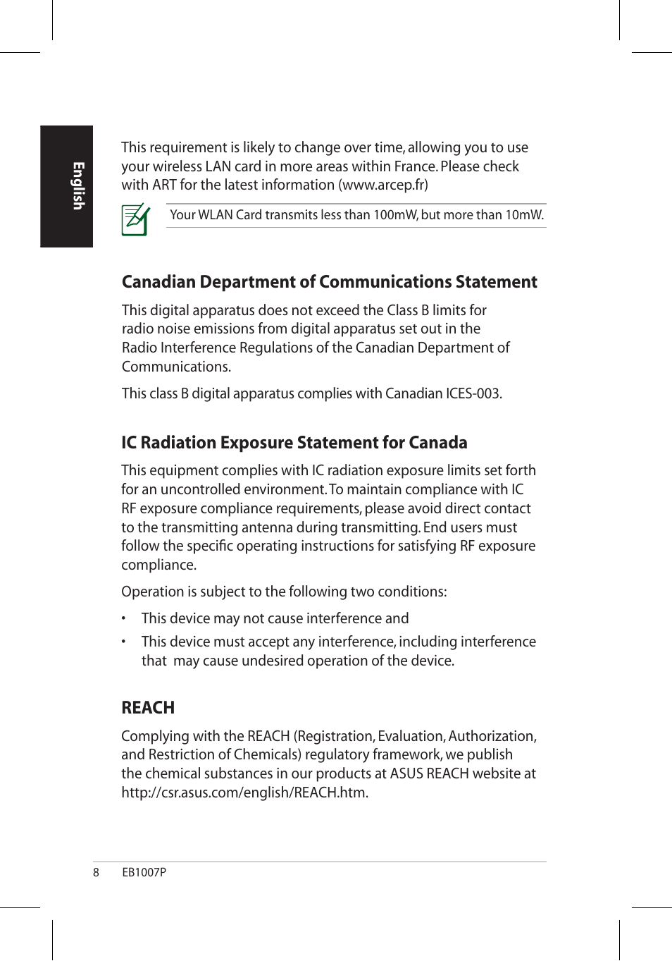 Canadian department of communications statement, Ic radiation exposure statement for canada, Reach | Asus EB1007P User Manual | Page 8 / 34