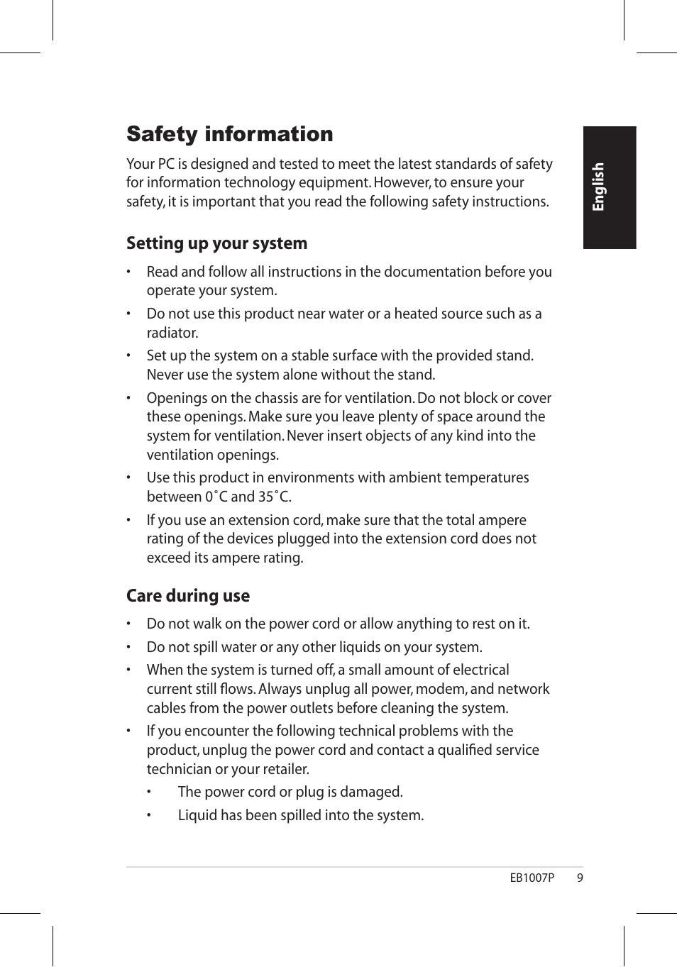 Safety information, Setting up your system, Care during use | Asus EB1007P User Manual | Page 9 / 34