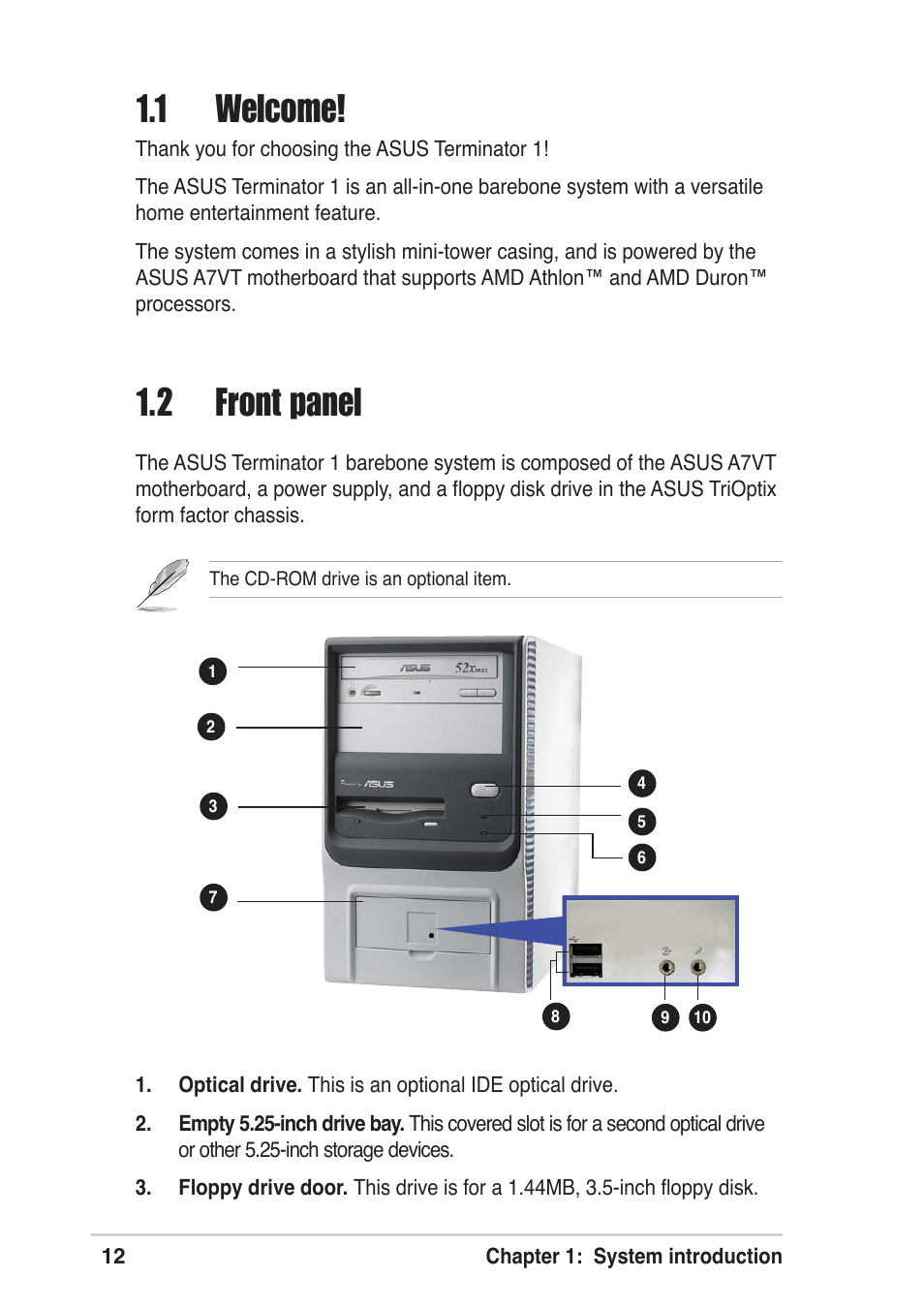 2 front panel, 1 welcome | Asus Terminator A7VT User Manual | Page 12 / 98