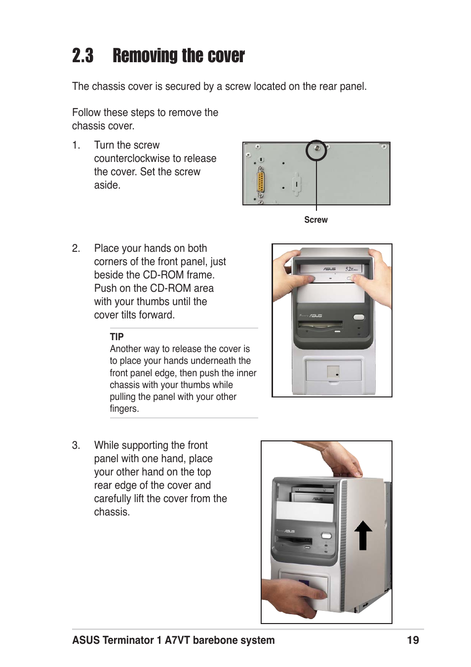 3 removing the cover | Asus Terminator A7VT User Manual | Page 19 / 98