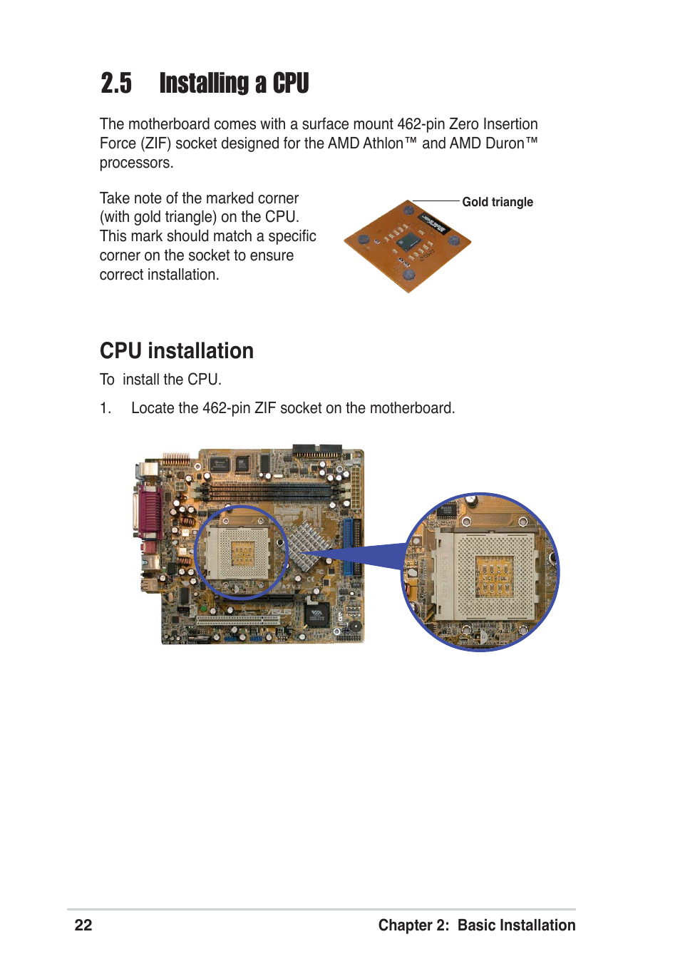 5 installing a cpu, Cpu installation | Asus Terminator A7VT User Manual | Page 22 / 98