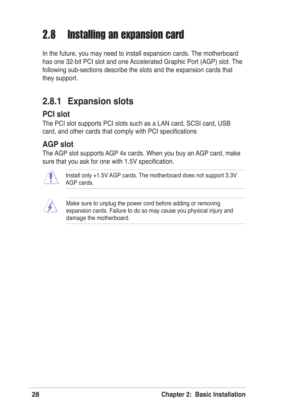 8 installing an expansion card, 1 expansion slots | Asus Terminator A7VT User Manual | Page 28 / 98