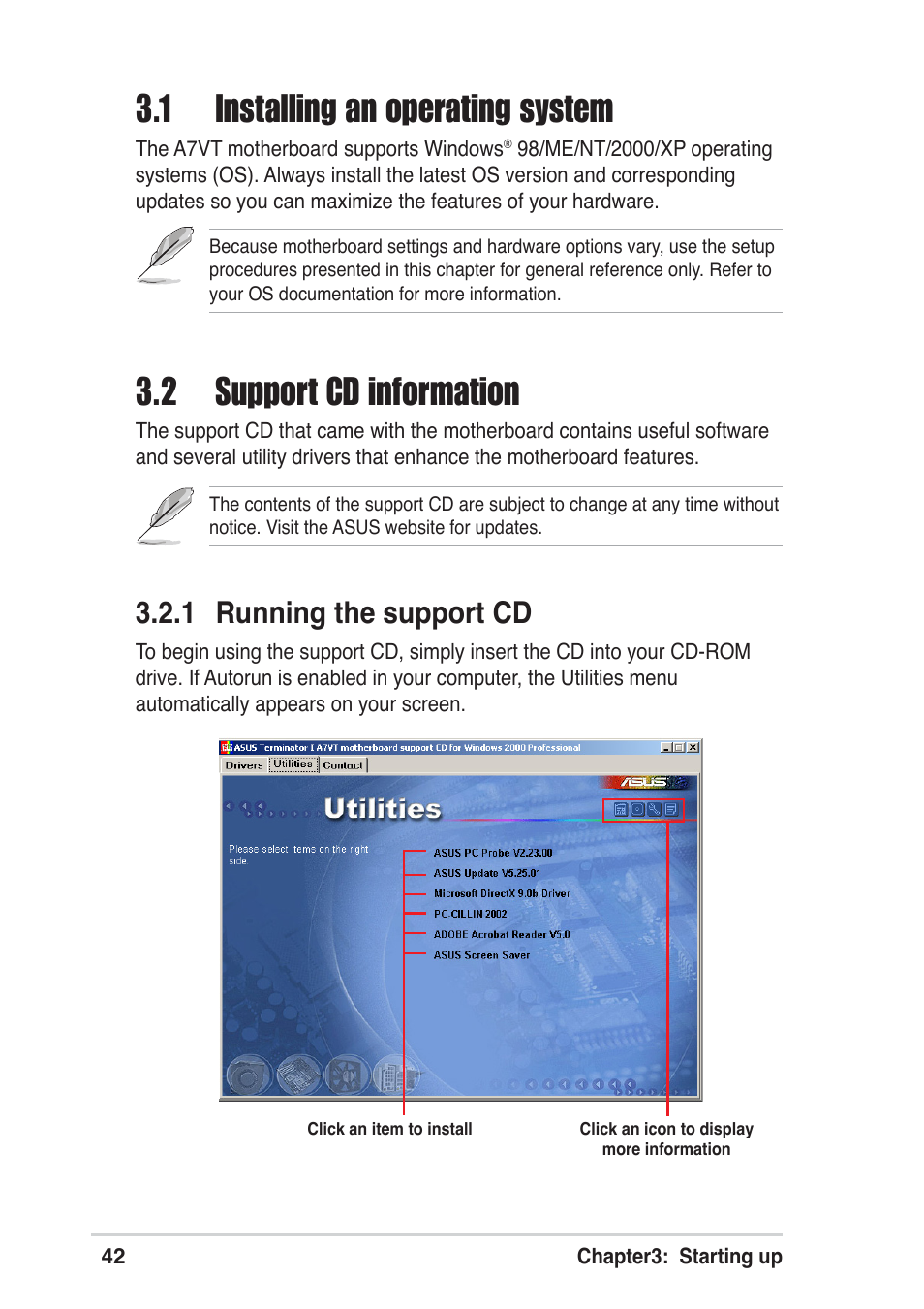 1 installing an operating system, 2 support cd information, 1 running the support cd | Asus Terminator A7VT User Manual | Page 42 / 98