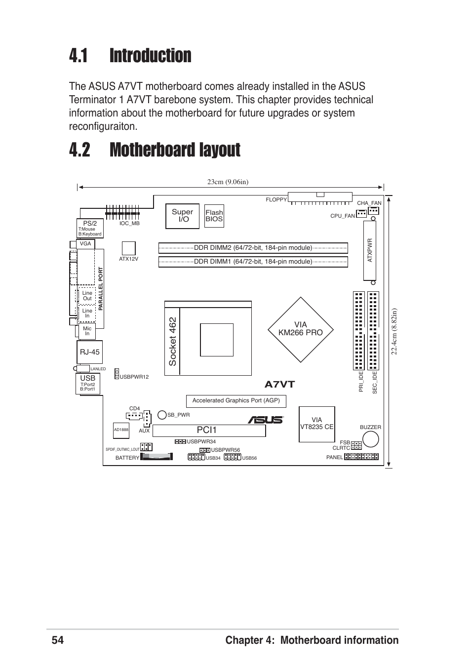 1 introduction, 2 motherboard layout, 54 chapter 4: motherboard information | A7vt, Pci1, Socket 462 | Asus Terminator A7VT User Manual | Page 54 / 98