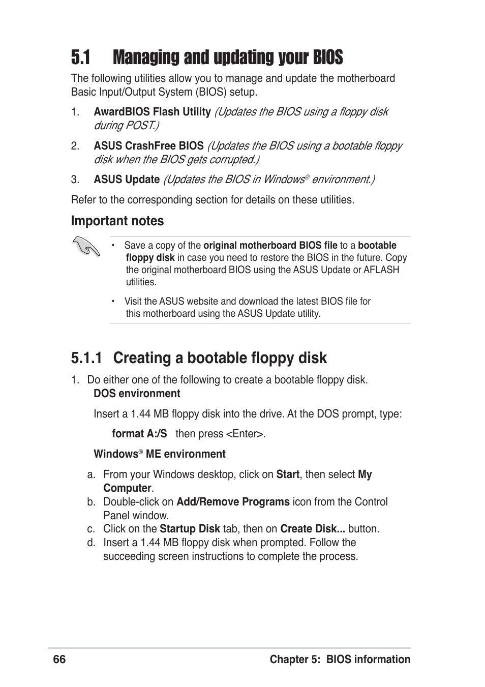 1 managing and updating your bios, 1 creating a bootable floppy disk | Asus Terminator A7VT User Manual | Page 66 / 98