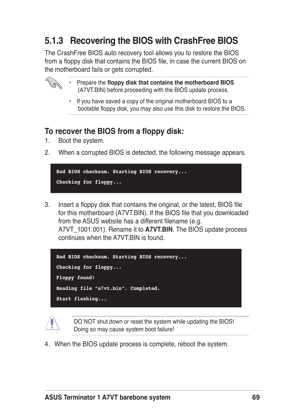 3 recovering the bios with crashfree bios | Asus Terminator A7VT User Manual | Page 69 / 98