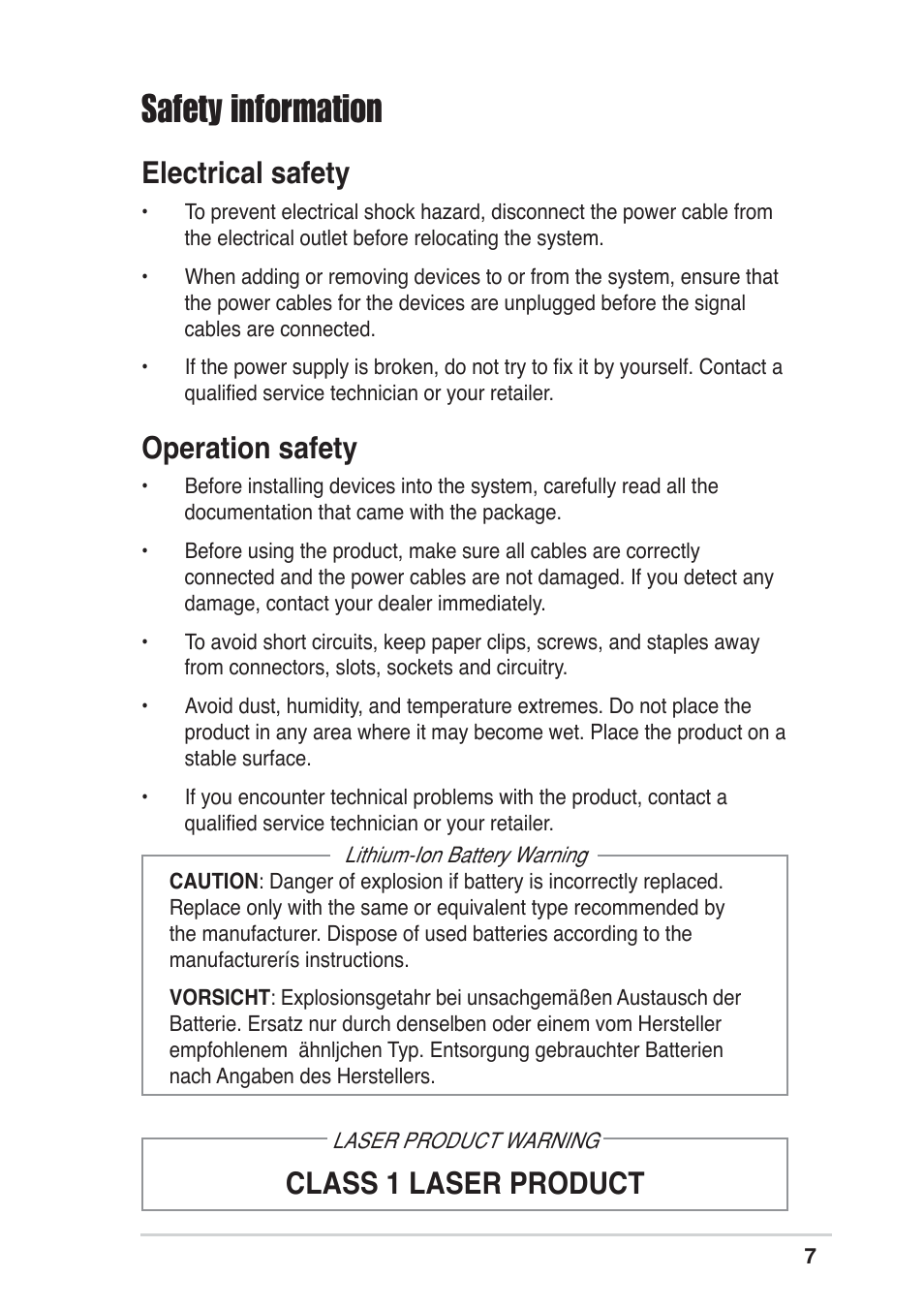 Safety information, Electrical safety, Operation safety | Class 1 laser product | Asus Terminator A7VT User Manual | Page 7 / 98