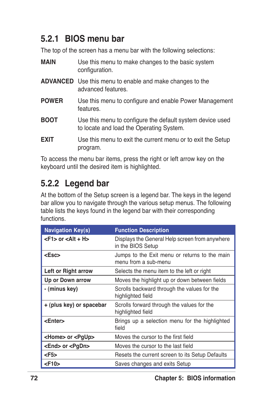 1 bios menu bar, 2 legend bar | Asus Terminator A7VT User Manual | Page 72 / 98