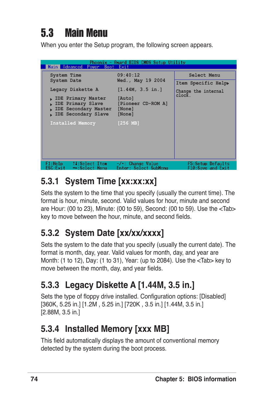 3 main menu, 1 system time [xx:xx:xx | Asus Terminator A7VT User Manual | Page 74 / 98