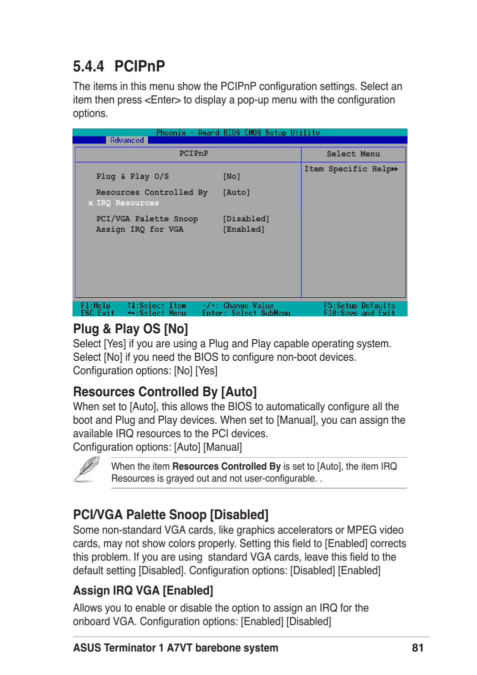 4 pcipnp, Plug & play os [no, Resources controlled by [auto | Pci/vga palette snoop [disabled, Assign irq vga [enabled | Asus Terminator A7VT User Manual | Page 81 / 98