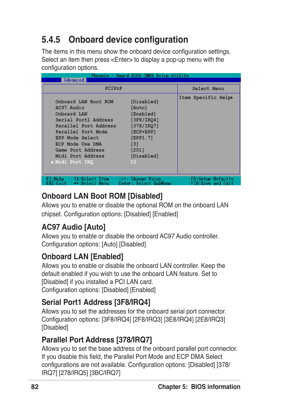 5 onboard device configuration, Onboard lan boot rom [disabled, Ac97 audio [auto | Onboard lan [enabled, Serial port1 address [3f8/irq4, Parallel port address [378/irq7 | Asus Terminator A7VT User Manual | Page 82 / 98