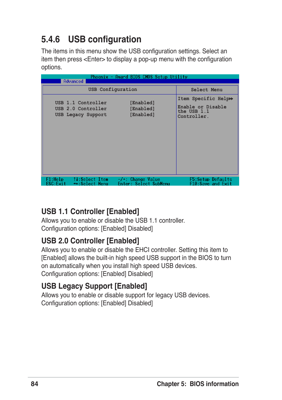 6 usb configuration, Usb 1.1 controller [enabled, Usb 2.0 controller [enabled | Usb legacy support [enabled | Asus Terminator A7VT User Manual | Page 84 / 98