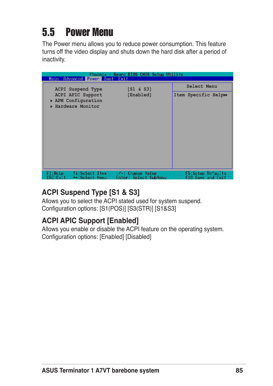 5 power menu, Acpi suspend type [s1 & s3, Acpi apic support [enabled | Asus Terminator A7VT User Manual | Page 85 / 98