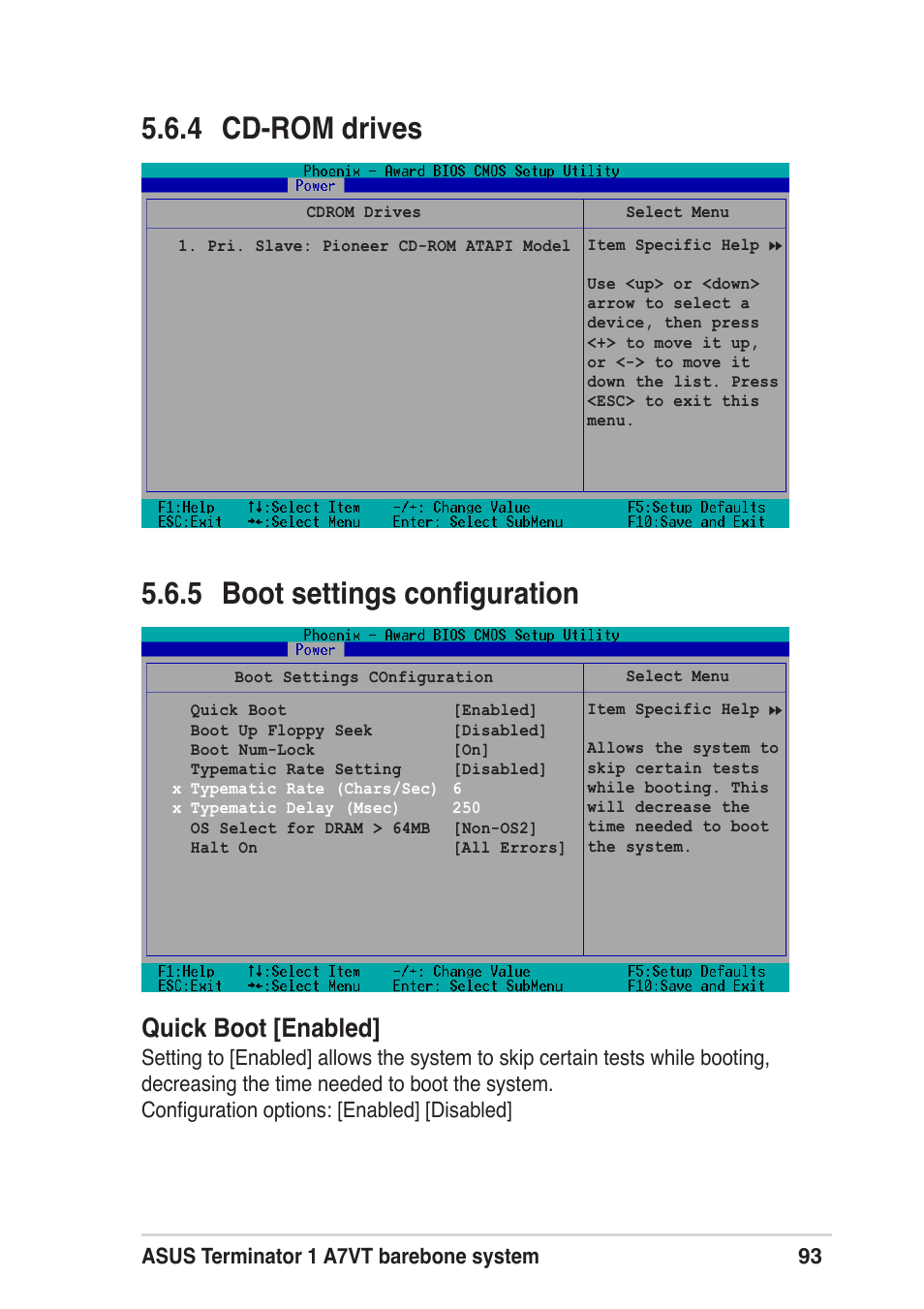 4 cd-rom drives, 5 boot settings configuration, Quick boot [enabled | Asus Terminator A7VT User Manual | Page 93 / 98