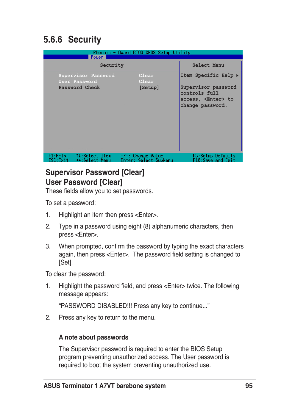 6 security, Supervisor password [clear] user password [clear | Asus Terminator A7VT User Manual | Page 95 / 98