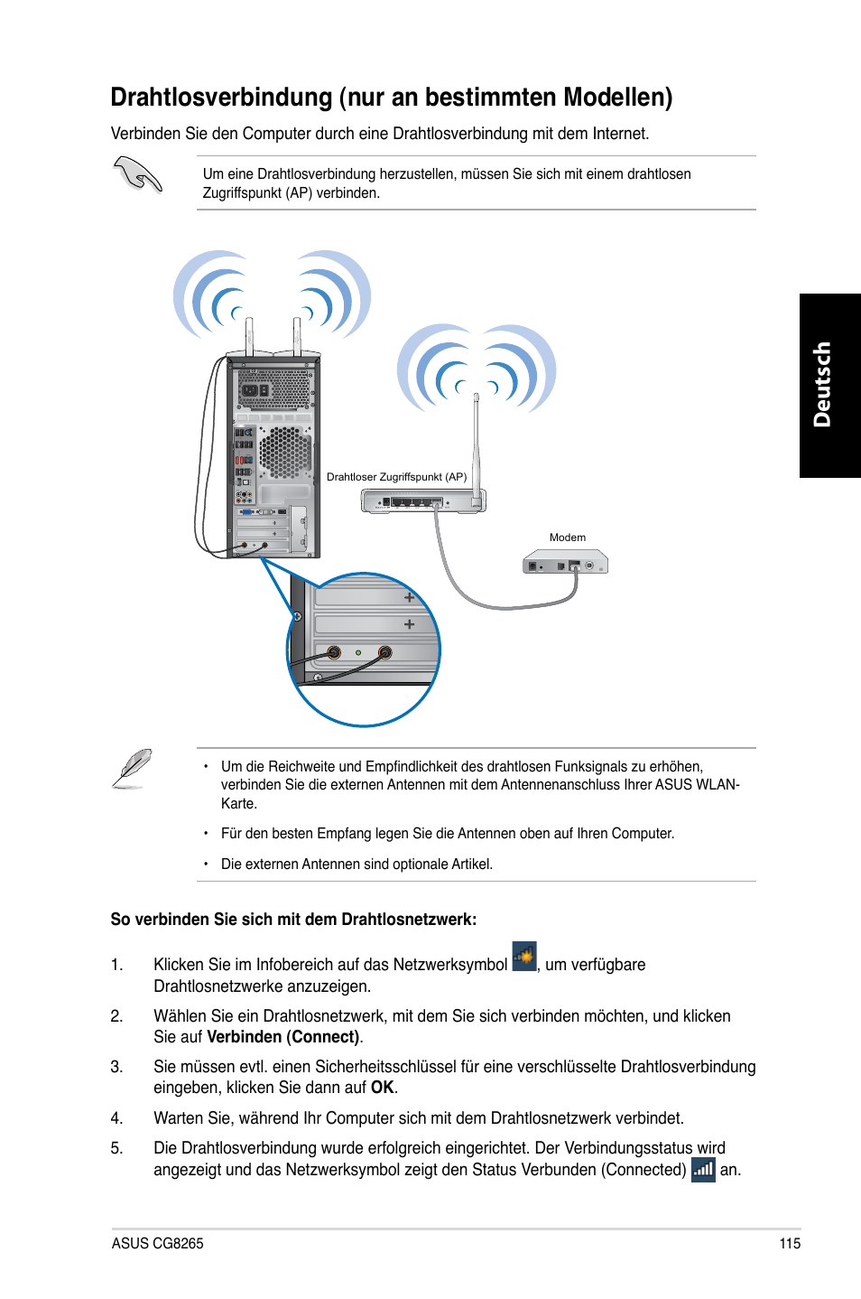 Drahtlosverbindung (nur an bestimmten modellen), Deutsch d eutsch | Asus CG8265 User Manual | Page 115 / 350