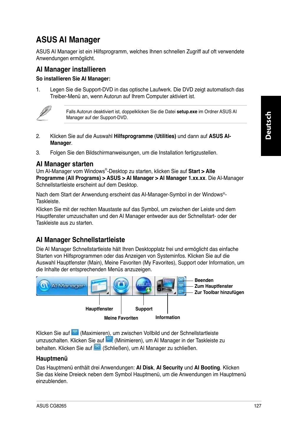 Asus ai manager, Asus ai manager 7, Deutsch d eutsch | Ai manager installieren, Ai manager starten, Ai manager schnellstartleiste | Asus CG8265 User Manual | Page 127 / 350