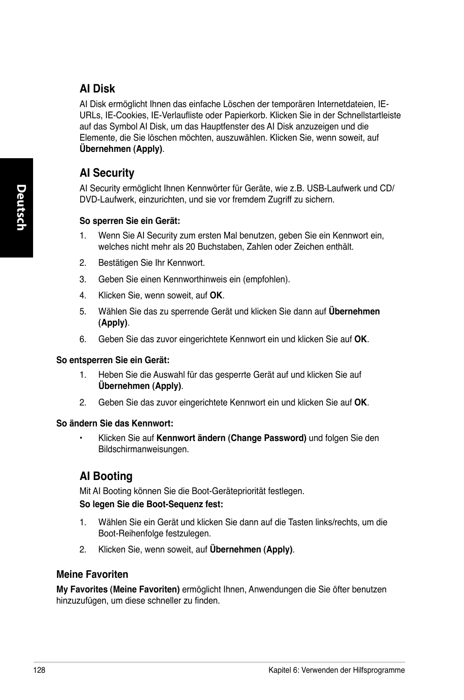 Deutsch d eutsch d eutsch d eutsch, Ai disk, Ai security | Ai booting | Asus CG8265 User Manual | Page 128 / 350