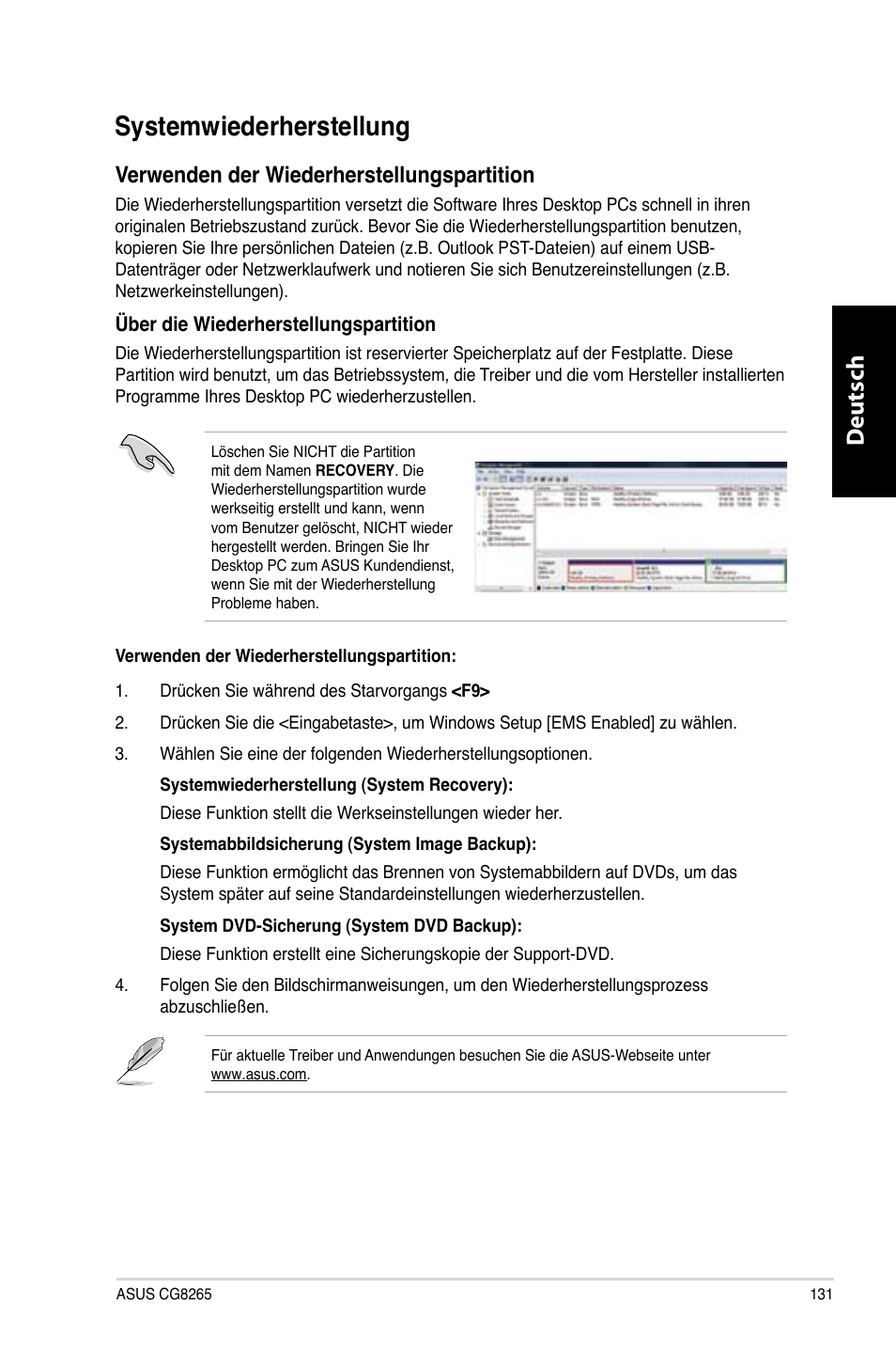 Systemwiederherstellung, Systemwiederherstellung 1, Deutsch d eutsch | Verwenden der wiederherstellungspartition | Asus CG8265 User Manual | Page 131 / 350