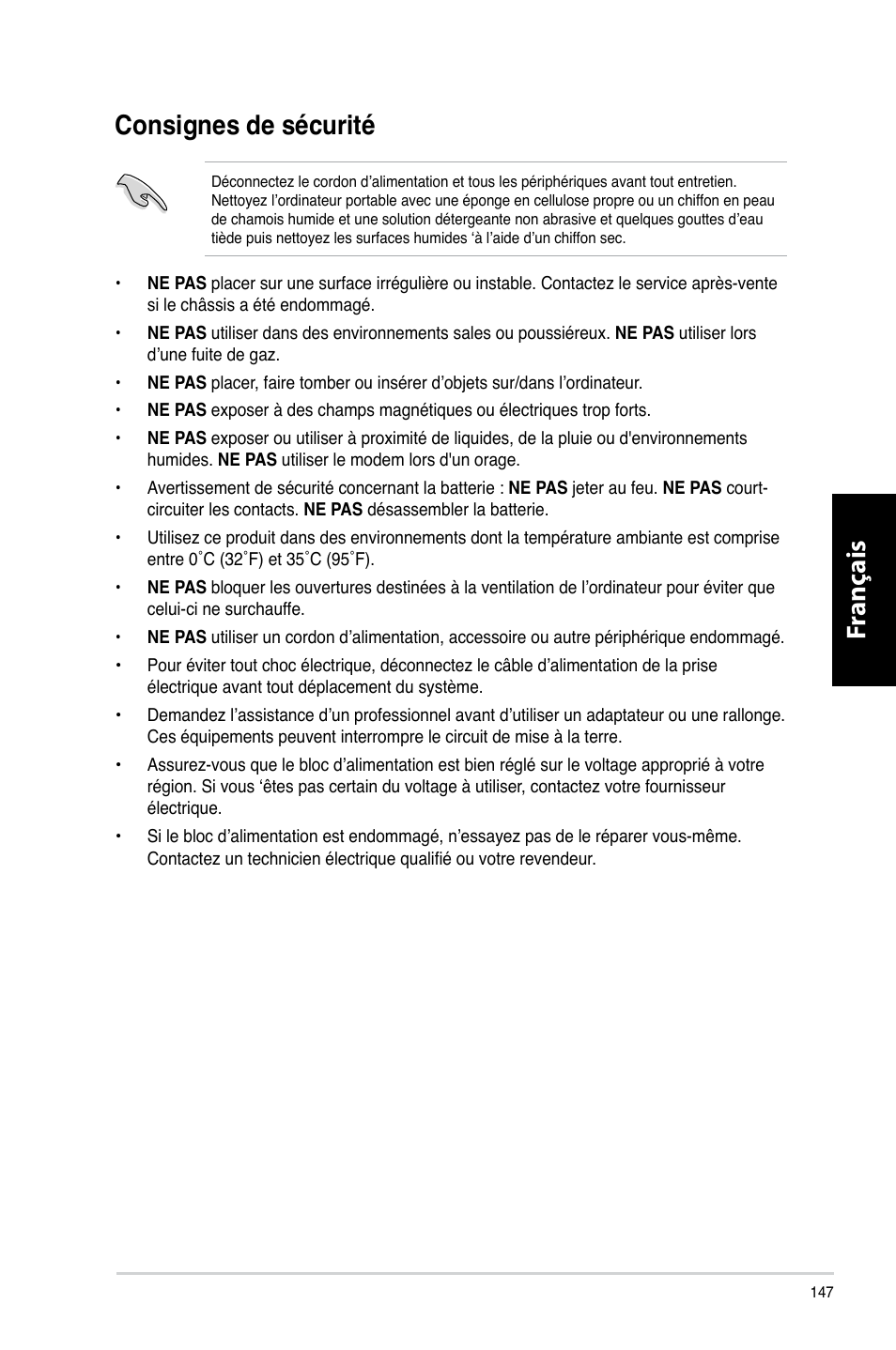 Consignes de sécurité | Asus CG8265 User Manual | Page 147 / 350