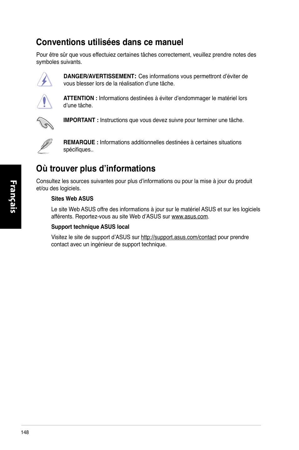 Conventions utilisées dans ce manuel, Où trouver plus d’informations | Asus CG8265 User Manual | Page 148 / 350