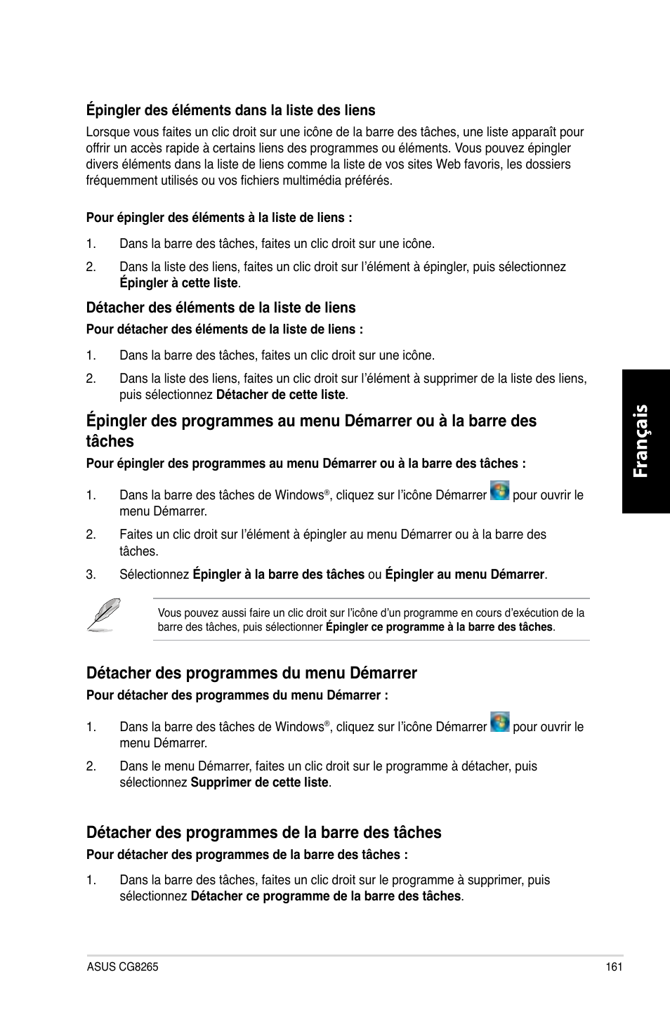 Fr anç ais fr anç ais, Détacher des programmes du menu démarrer, Détacher des programmes de la barre des tâches | Asus CG8265 User Manual | Page 161 / 350