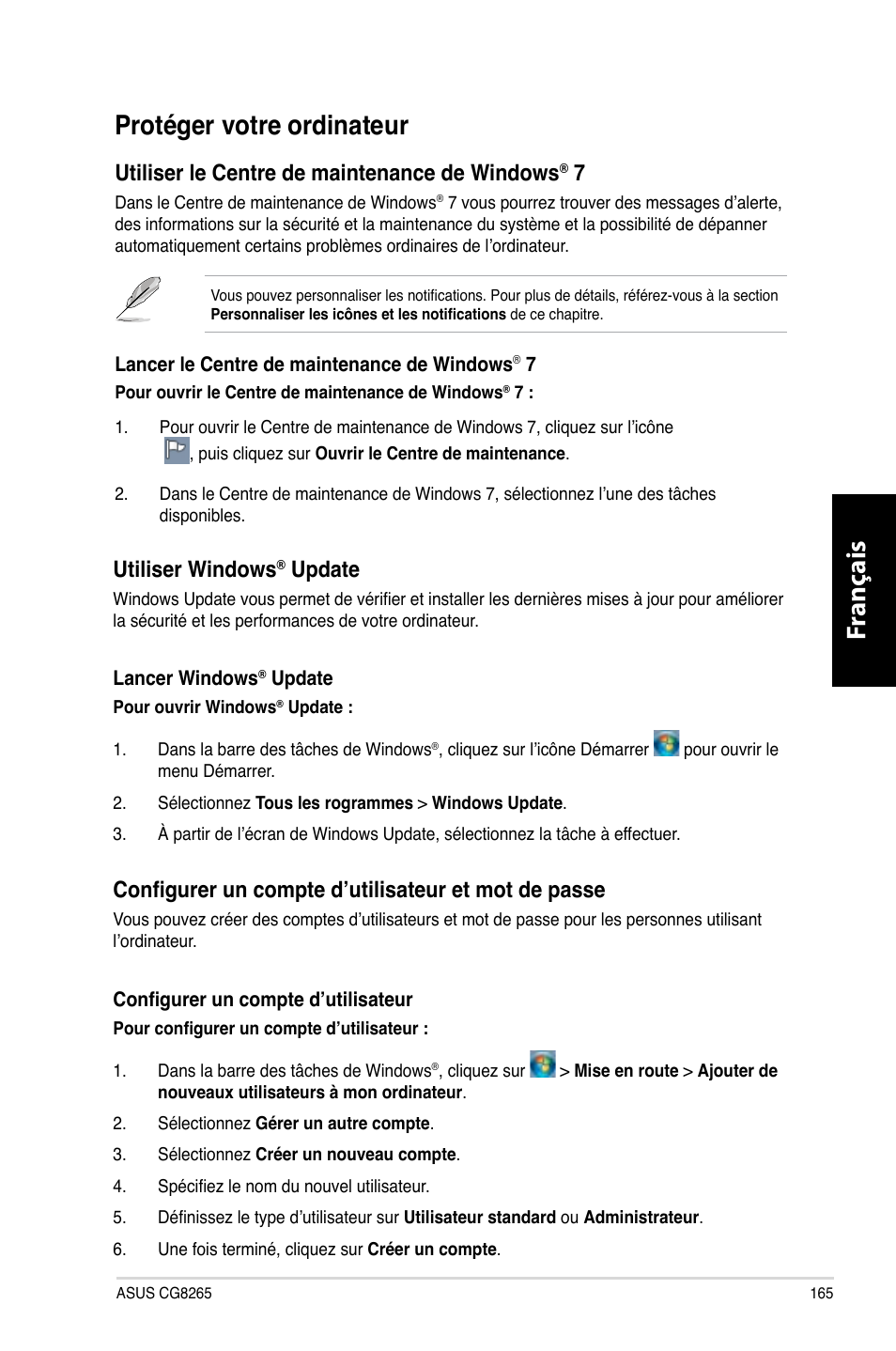 Protéger votre ordinateur, Fr anç ais fr anç ais, Fr anç ais fr anç ais protéger votre ordinateur | Utiliser le centre de maintenance de windows, Utiliser windows, Update, Configurer un compte d’utilisateur et mot de passe | Asus CG8265 User Manual | Page 165 / 350