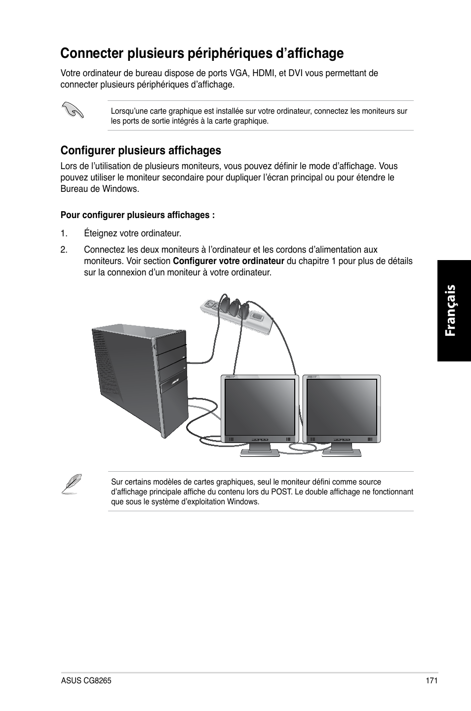 Connecter plusieurs périphériques d’affichage, Fr anç ais fr anç ais | Asus CG8265 User Manual | Page 171 / 350