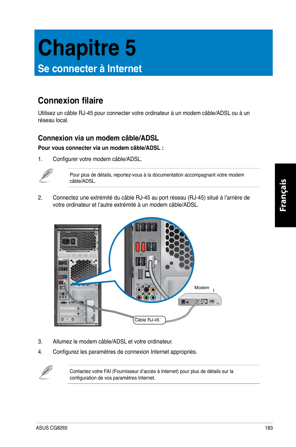 Chapitre 5, Se connecter à internet, Connexion filaire | Fr anç ais fr anç ais | Asus CG8265 User Manual | Page 183 / 350