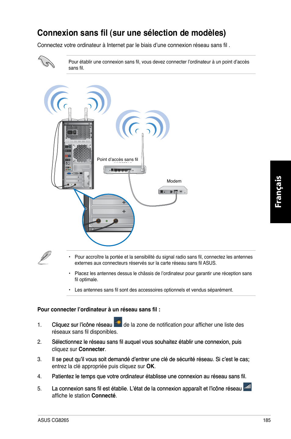 Connexion sans fil (sur une sélection de modèles), Fr anç ais fr anç ais, Connexion sans fil (sur une s�lection de mod�les) | Asus CG8265 User Manual | Page 185 / 350