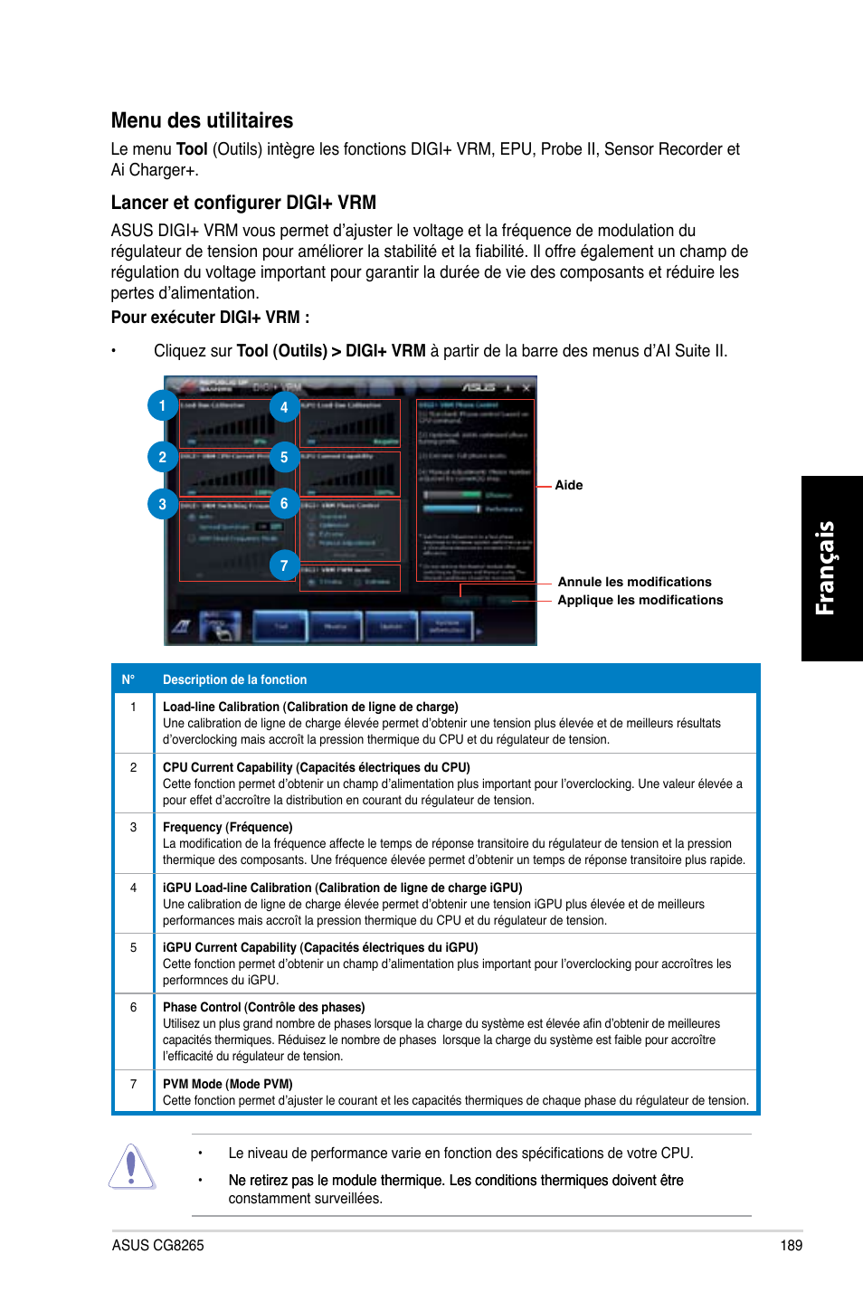 Fr anç ais fr anç ais, Menu des utilitaires, Lancer et configurer digi+ vrm | Asus CG8265 User Manual | Page 189 / 350