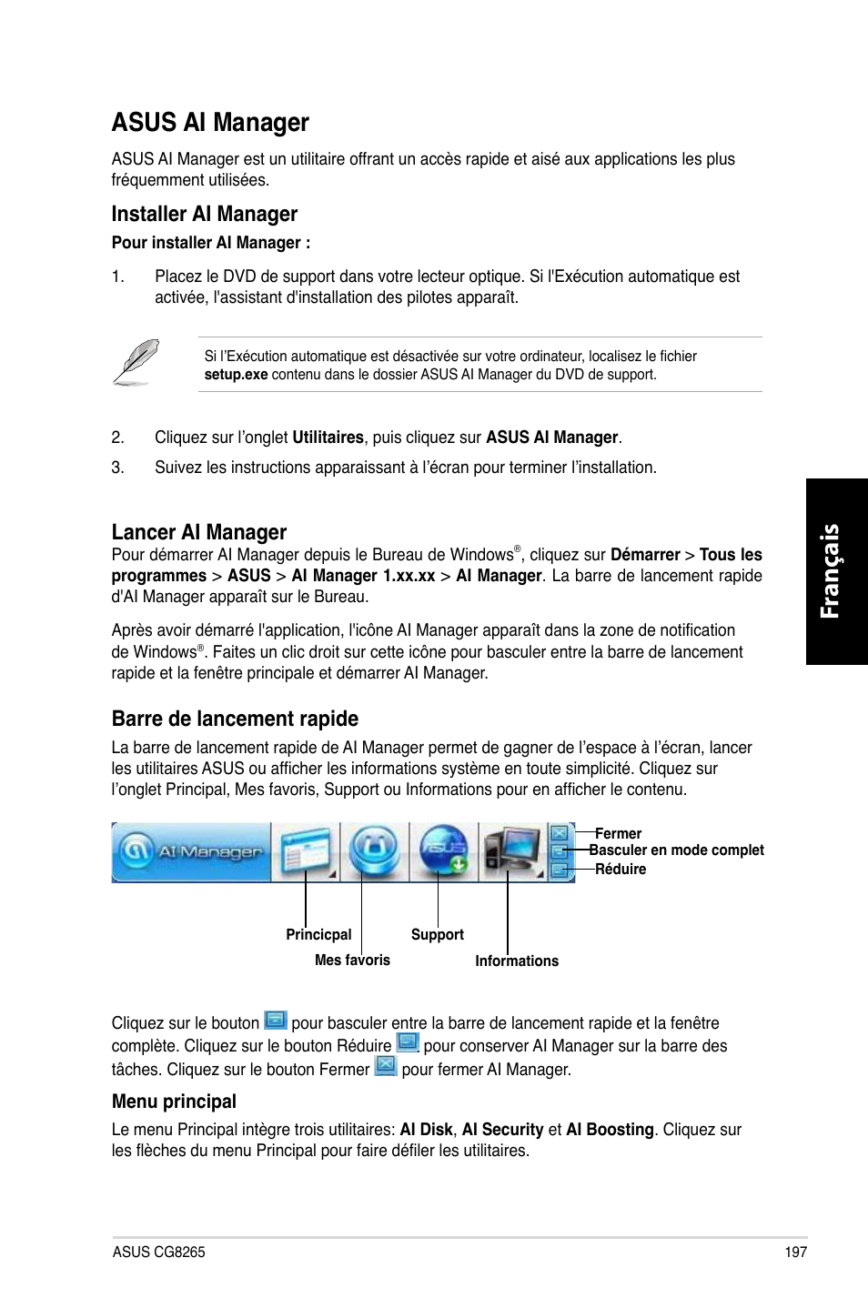 Asus ai manager, Fr anç ais fr anç ais, Barre de lancement rapide | Installer ai manager, Lancer ai manager | Asus CG8265 User Manual | Page 197 / 350