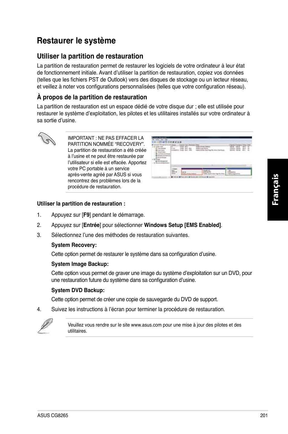 Restaurer le système, Fr anç ais fr anç ais, Fr anç ais fr anç ais restaurer le système | Utiliser la partition de restauration | Asus CG8265 User Manual | Page 201 / 350