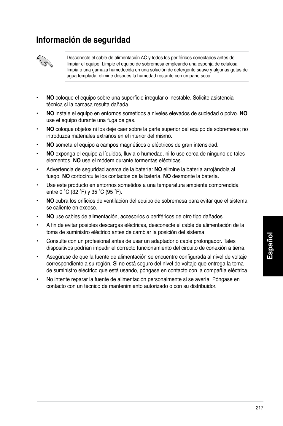 Información de seguridad, Español | Asus CG8265 User Manual | Page 217 / 350