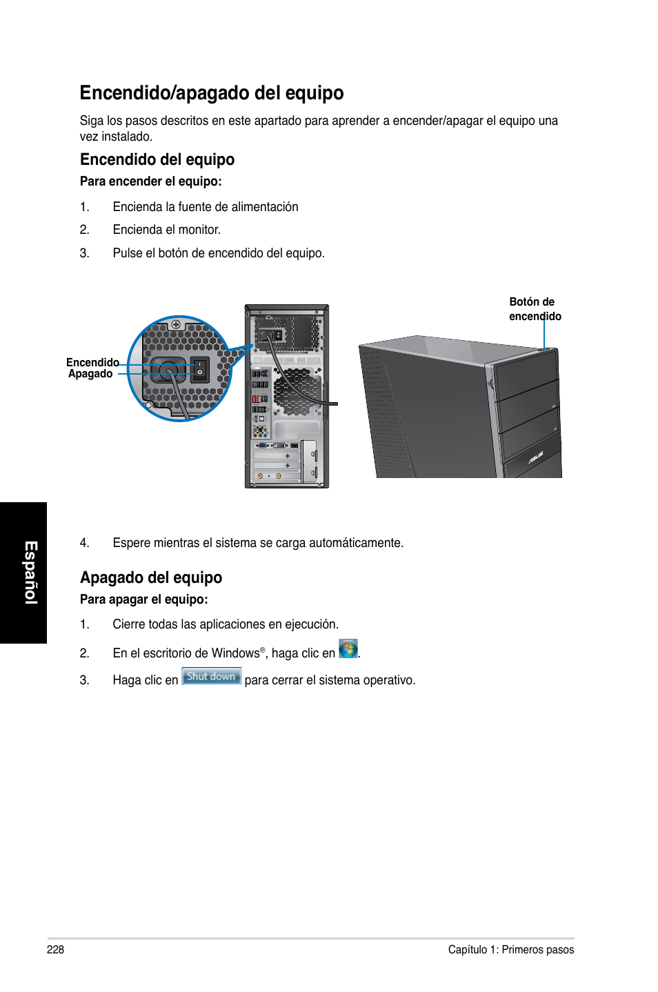 Encendido/apagado del equipo, Encendido, Apagado | Español, Encendido del equipo, Apagado del equipo | Asus CG8265 User Manual | Page 228 / 350