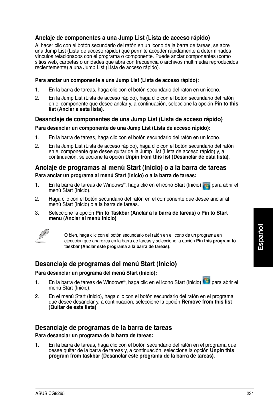 Español, Desanclaje de programas del men� start (inicio), Desanclaje de programas de la barra de tareas | Asus CG8265 User Manual | Page 231 / 350