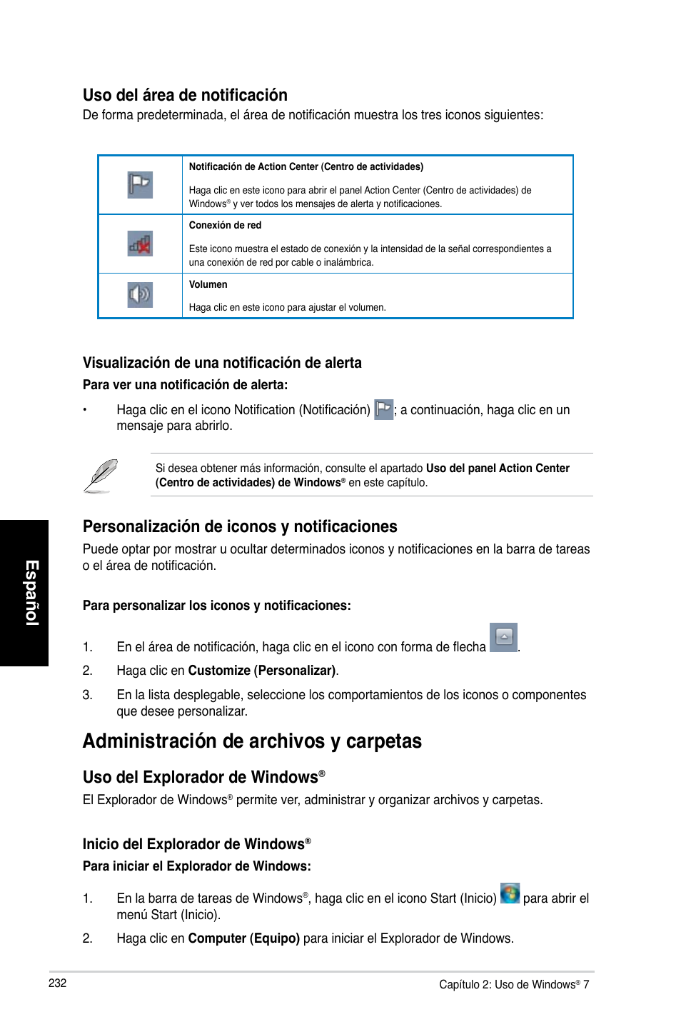 Administración de archivos y carpetas, Español, Uso del área de notificación | Personalización de iconos y notificaciones, Uso del explorador de windows | Asus CG8265 User Manual | Page 232 / 350