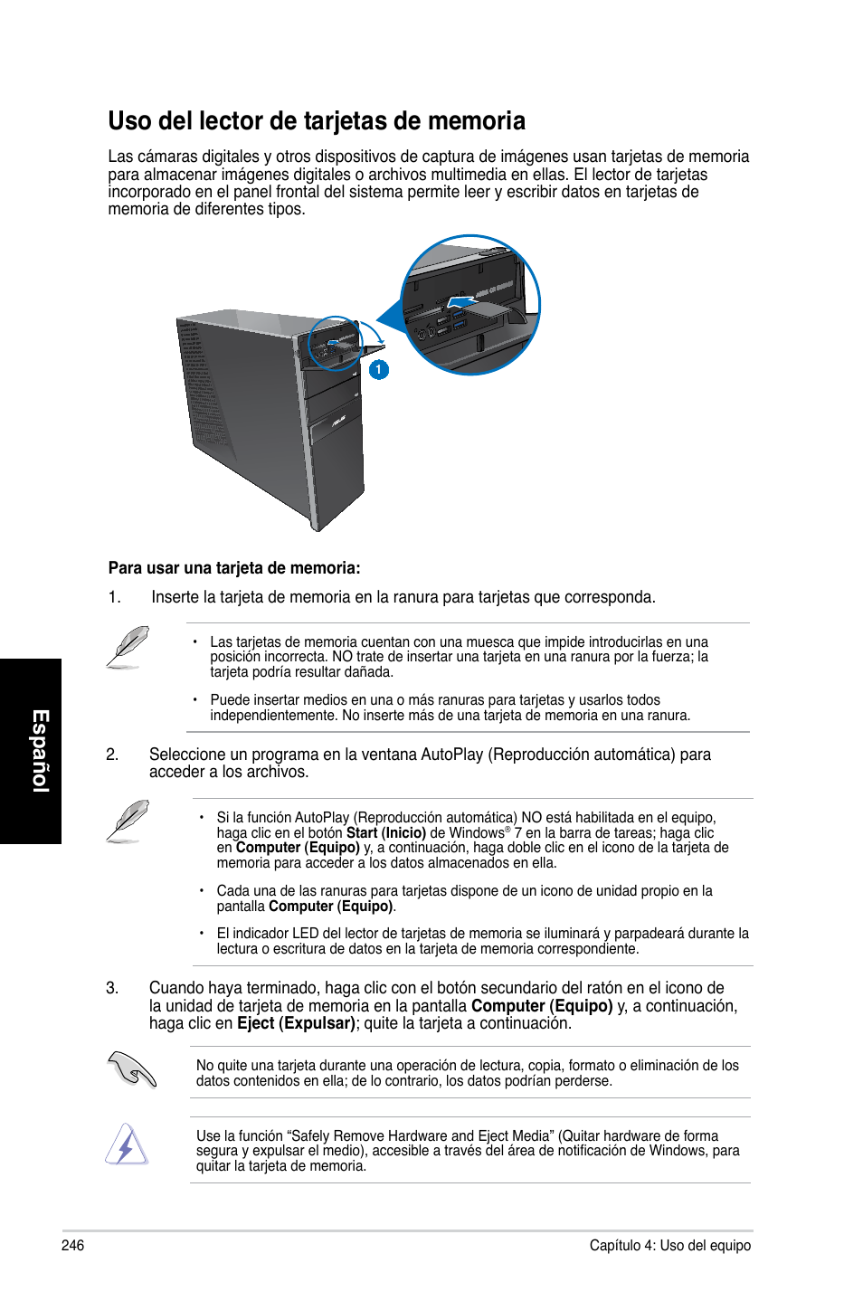 Uso del lector de tarjetas de memoria, Español | Asus CG8265 User Manual | Page 246 / 350