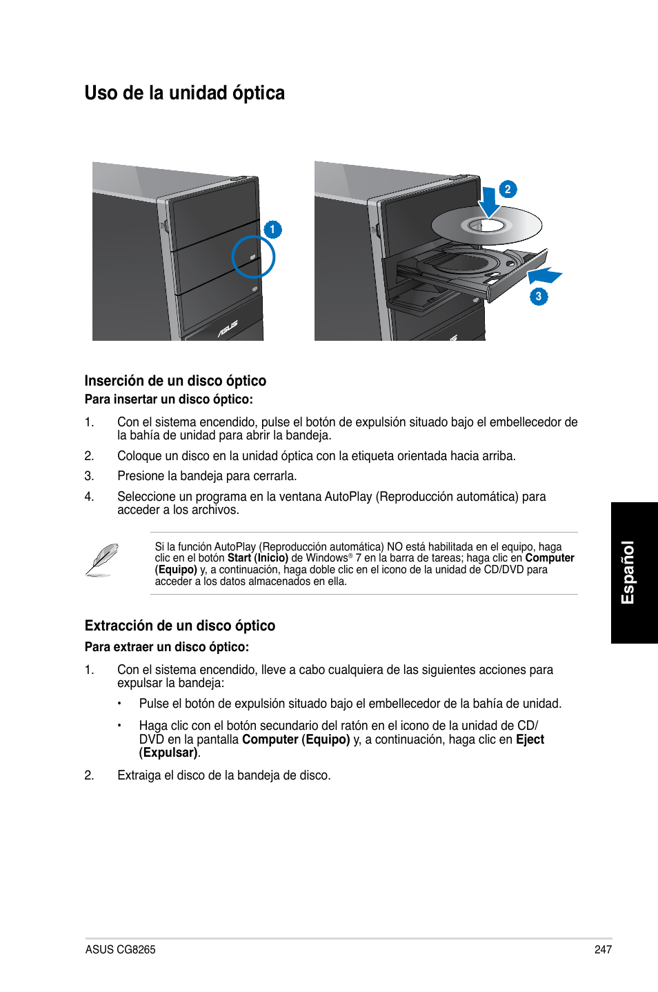 Uso de la unidad óptica, Español | Asus CG8265 User Manual | Page 247 / 350