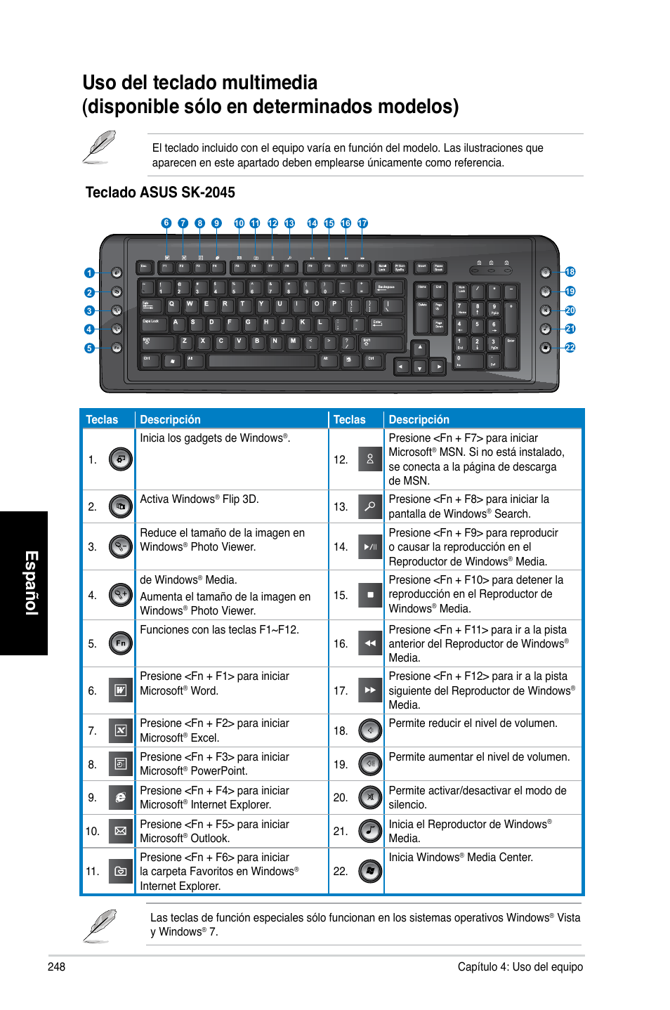 Español, Teclado asus sk-2045 | Asus CG8265 User Manual | Page 248 / 350